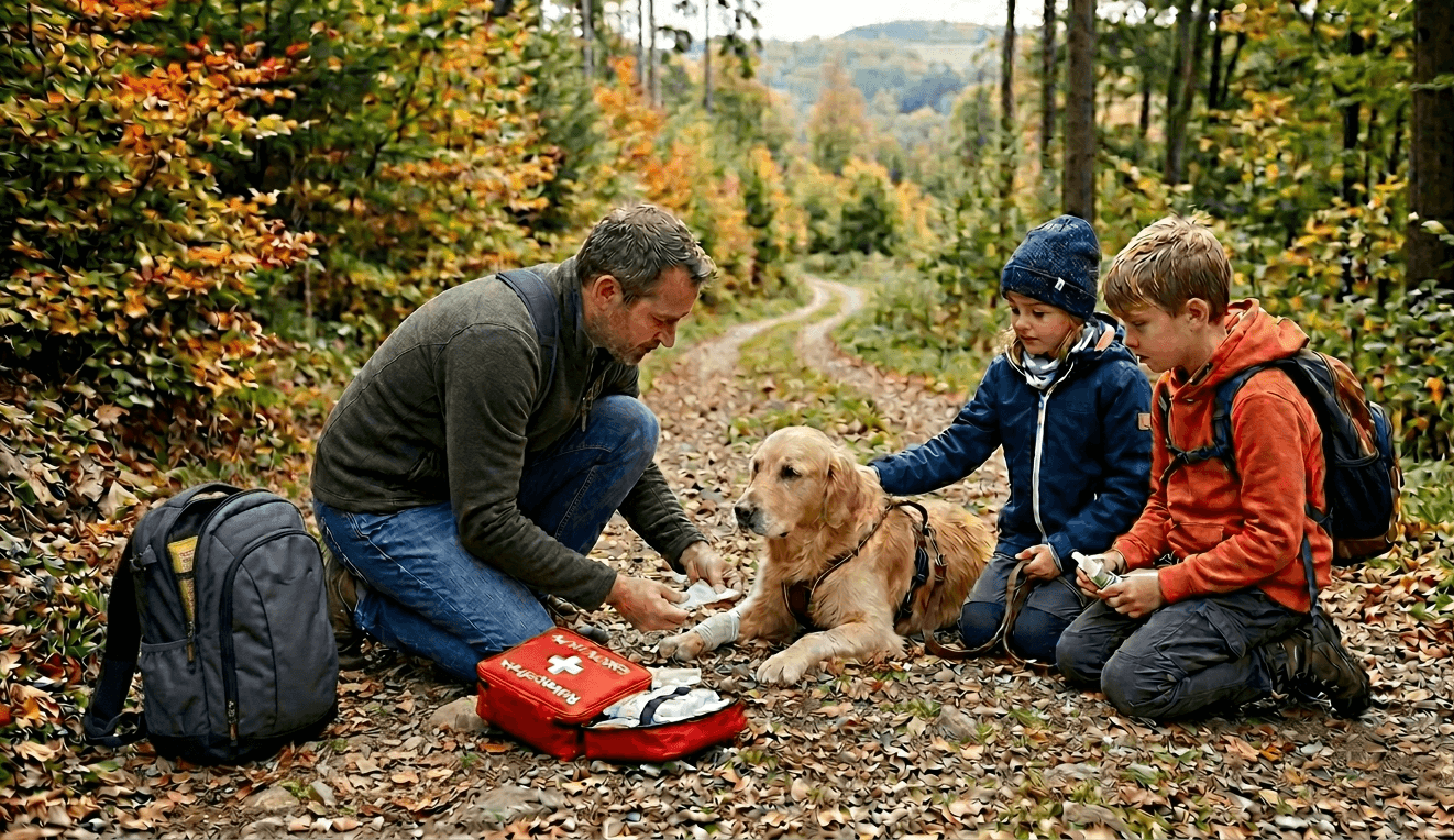 Gepackte Hunde-Reisetasche mit Napf, Leine und Reiseapotheke